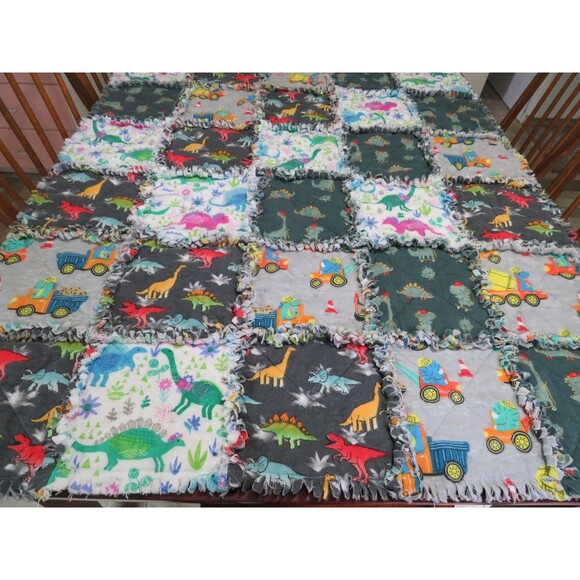 Flannel Rag Quilt With Batting, 41 x 35, Dinosaur Rag Quilt Throw - Picture 1 of 10